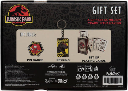 FaNaTtik Jurassic Park Dino Gift Set – Keyring, Pin Badge & Playing Cards, Official Merchandise Collectibles, Dinosaur Gift Set for Fans, Collectors & Movie Lovers