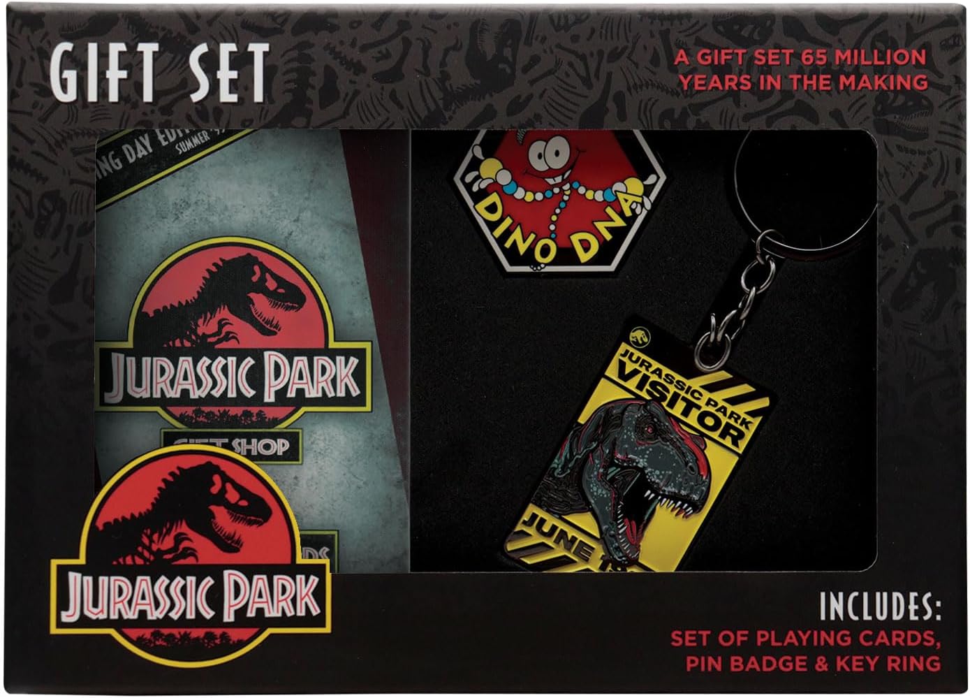 FaNaTtik Jurassic Park Dino Gift Set – Keyring, Pin Badge & Playing Cards, Official Merchandise Collectibles, Dinosaur Gift Set for Fans, Collectors & Movie Lovers