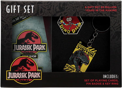FaNaTtik Jurassic Park Dino Gift Set – Keyring, Pin Badge & Playing Cards, Official Merchandise Collectibles, Dinosaur Gift Set for Fans, Collectors & Movie Lovers