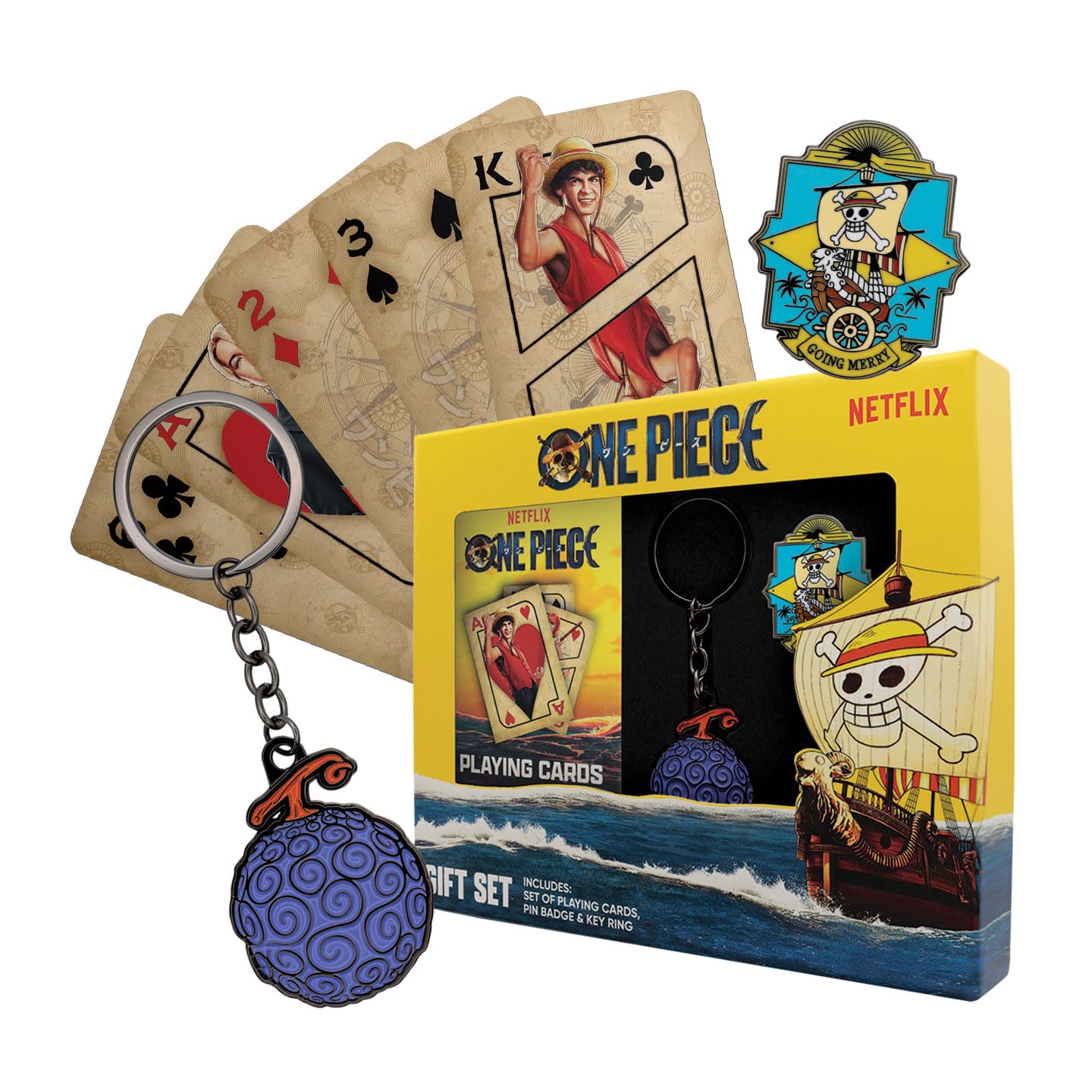 FaNaTtik One Piece Gift Set – Playing Cards, Gum Gum Fruit Keyring & Going Merry Pin Badge, Officially Licensed Merchandise, Anime Collectible Gift Box for Fans & Gamers