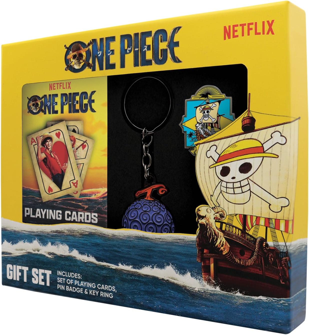 FaNaTtik One Piece Gift Set – Playing Cards, Gum Gum Fruit Keyring & Going Merry Pin Badge, Officially Licensed Merchandise, Anime Collectible Gift Box for Fans & Gamers