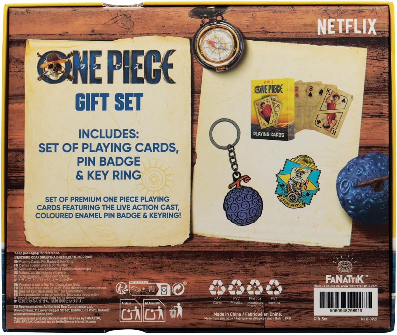 FaNaTtik One Piece Gift Set – Playing Cards, Gum Gum Fruit Keyring & Going Merry Pin Badge, Officially Licensed Merchandise, Anime Collectible Gift Box for Fans & Gamers