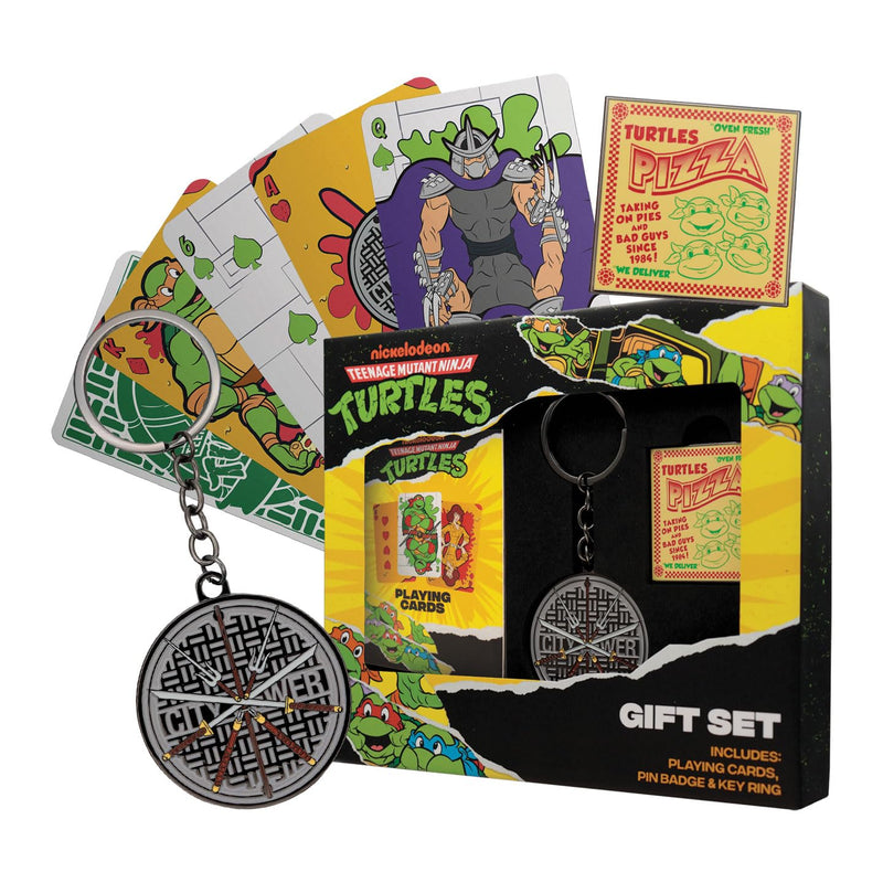 FaNaTtik Teenage Mutant Ninja Turtles Cowabunga Gift Set – Official TMNT Merchandise with Pizza Keyring, Pin Badge & Playing Cards – Retro Collectible Gifts for Fans & Gamers