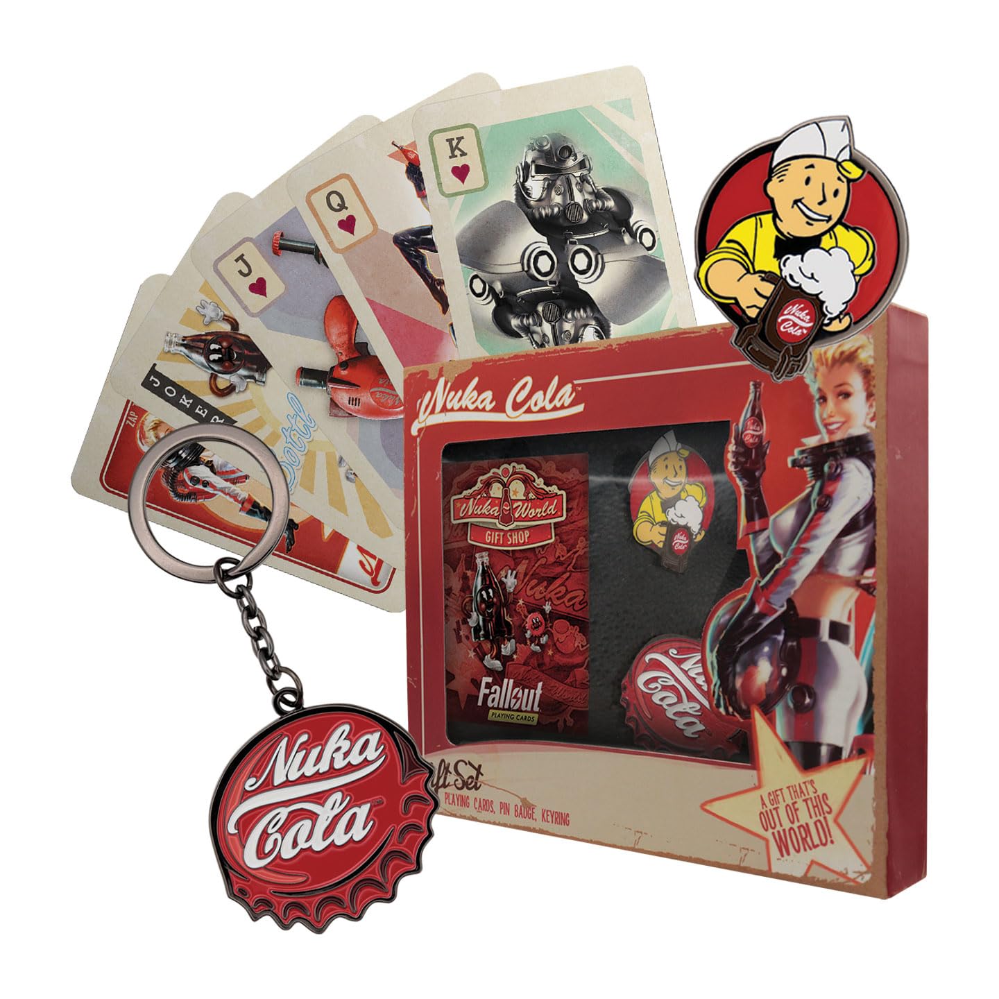 FaNaTtik Fallout Nuka-Cola Gift Set – Official Fallout Merchandise with Bottle Cap Keyring, Vintage Pin Badge & Playing Cards – Retro Collectible Gift for Gamers & Fans