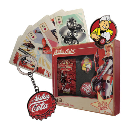 FaNaTtik Fallout Nuka-Cola Gift Set – Official Fallout Merchandise with Bottle Cap Keyring, Vintage Pin Badge & Playing Cards – Retro Collectible Gift for Gamers & Fans