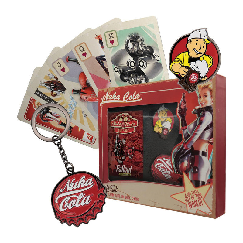 FaNaTtik Fallout Nuka-Cola Gift Set – Official Fallout Merchandise with Bottle Cap Keyring, Vintage Pin Badge & Playing Cards – Retro Collectible Gift for Gamers & Fans