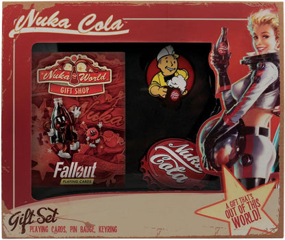 FaNaTtik Fallout Nuka-Cola Gift Set – Official Fallout Merchandise with Bottle Cap Keyring, Vintage Pin Badge & Playing Cards – Retro Collectible Gift for Gamers & Fans