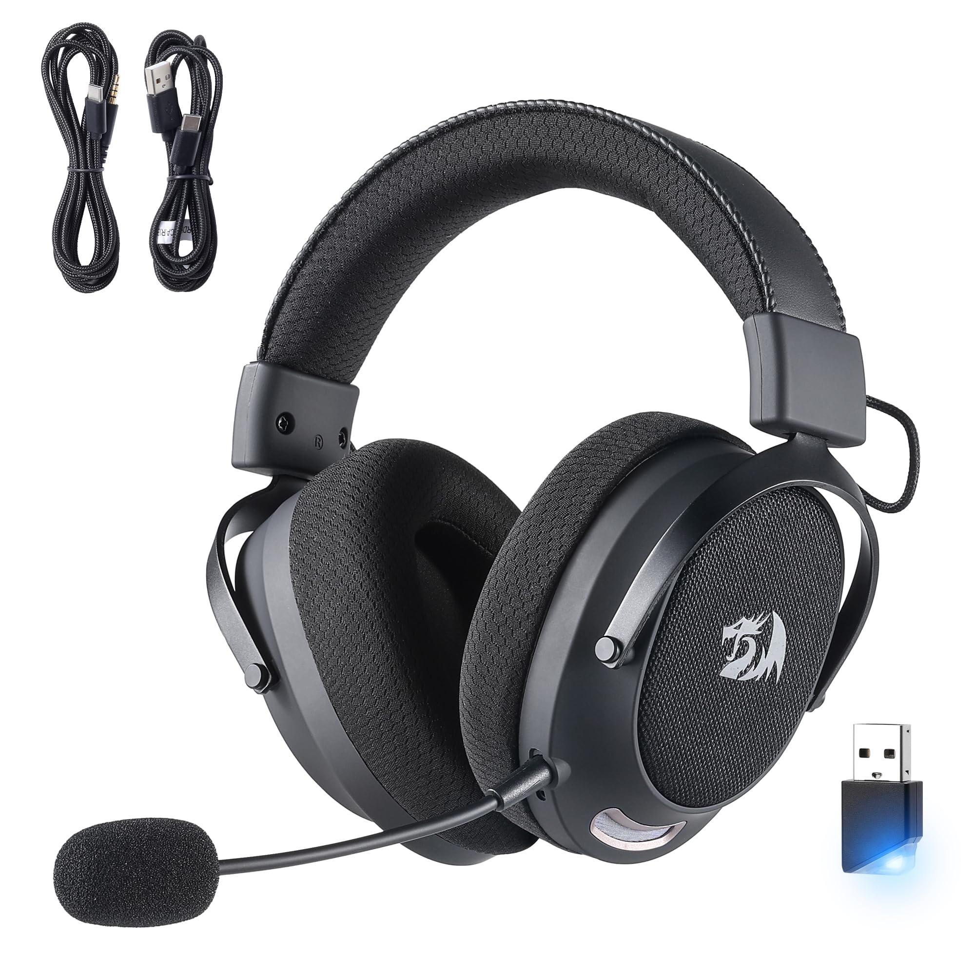 Redragon H858 3-Mode Wireless Gaming Headset, 7.1 Surround Sound, 53 mm Drivers, Memory Foam Ear Pads, Detachable Noise-canceling Microphone, Over-Ear Headphones Works for Mobile, PC/PS5/NS