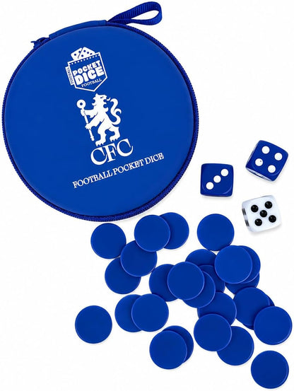 Official Chelsea FC Football Pocket Dice Game | Licensed Travel Dice Game for 2 Players | Fast-Paced Football Strategy Game with Tokens, Cards & Goal Scoring Action | Portable Family Game