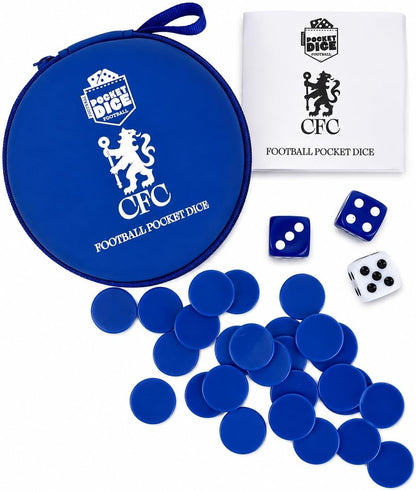 Official Chelsea FC Football Pocket Dice Game | Licensed Travel Dice Game for 2 Players | Fast-Paced Football Strategy Game with Tokens, Cards & Goal Scoring Action | Portable Family Game