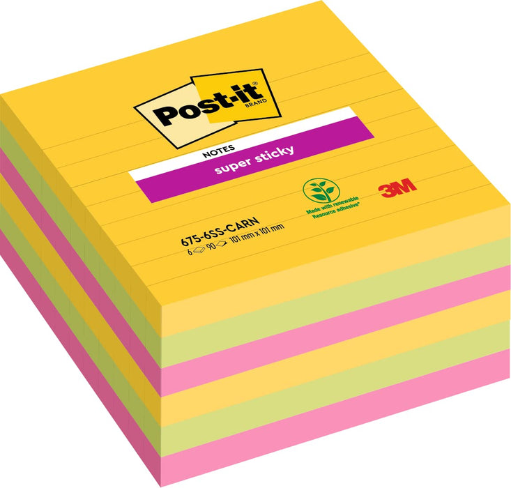Post-it Super Sticky Notes, Carnival Colour Collection, lined, 101 mm x 101 mm, 90 Sheets/Pad, 6 Pads/Pack