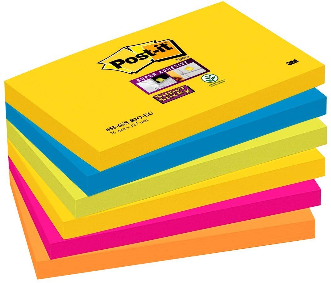 Post-it 6556SR 76 x 127 mm Super Sticky Notes, Rio Colour Collection, 6 Pads (90 Sheets Per Pad