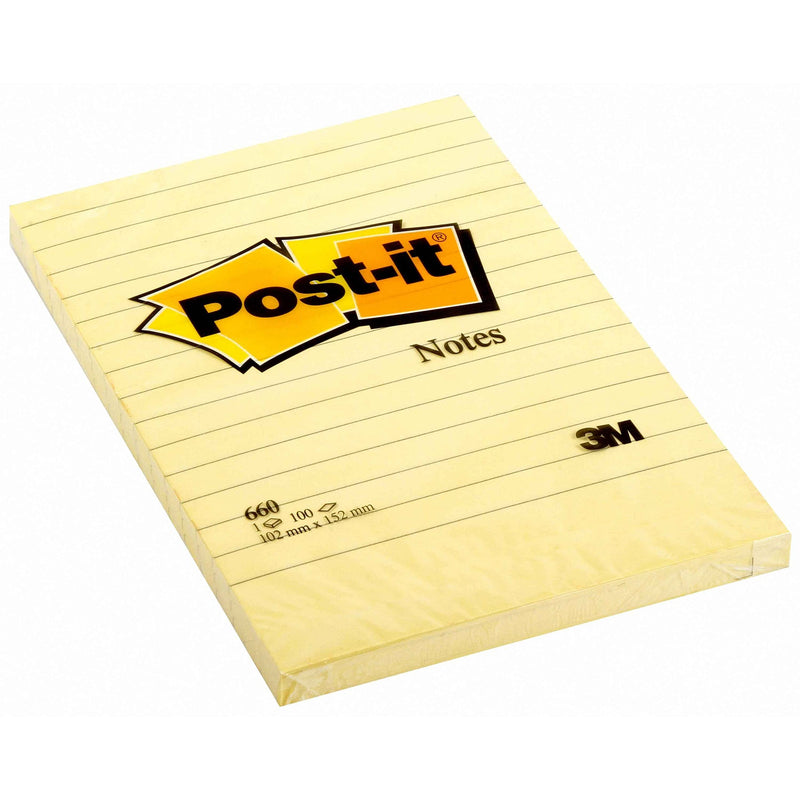 Post-it Large Notes Canary Yellow, 101 mm x 152 mm, 6 Lined Pads
