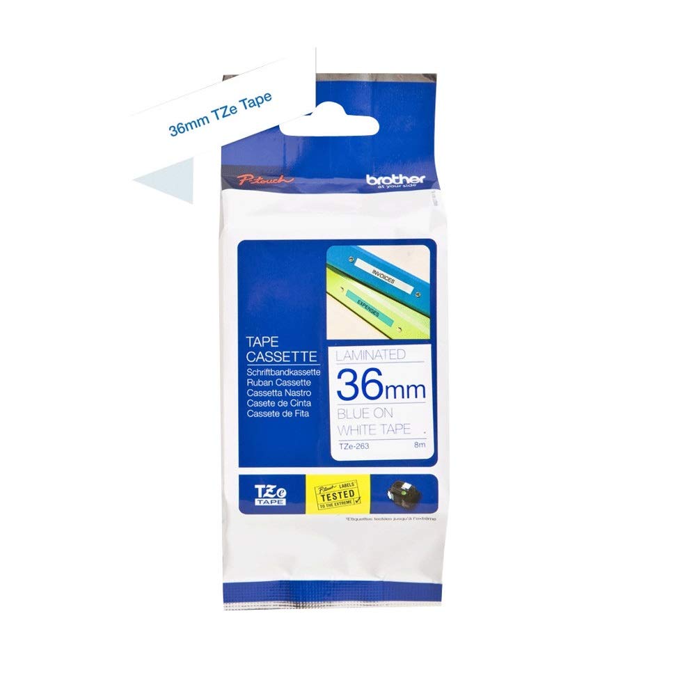 Brother TZe-263 Labelling Tape Cassette, 36 mm (W) x 8 m (L), Laminated, Brother Supplies - Blue on White 36 mm Blue on White