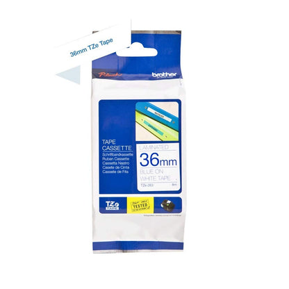 Brother TZe-263 Labelling Tape Cassette, 36 mm (W) x 8 m (L), Laminated, Brother Supplies - Blue on White 36 mm Blue on White