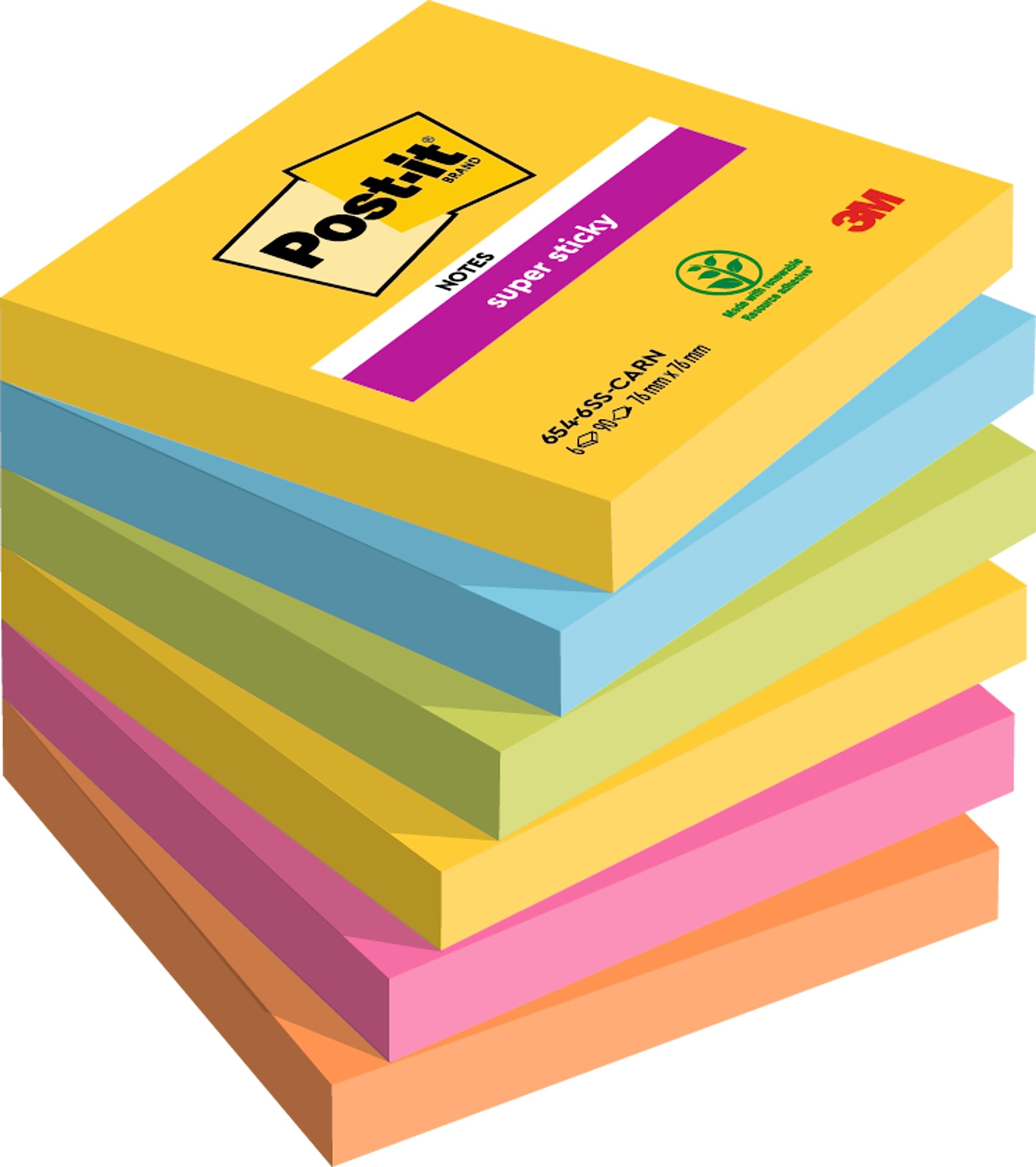 Post-it Notes 76 x 76 mm Super Sticky Notes Rio Colour Collection, Multicolor, 6 Pads (90 Sheets per pad