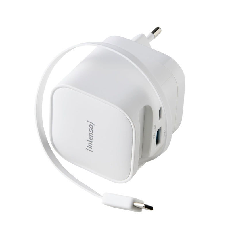 Intenso Power Adapter W65ACIC - Caricatore USB-C GaN da 65 W con cavo estraibile + connettore USB-C e USB-A, PD & PPS, compatto per smartphone e laptop, alimentatore di ricarica rapida