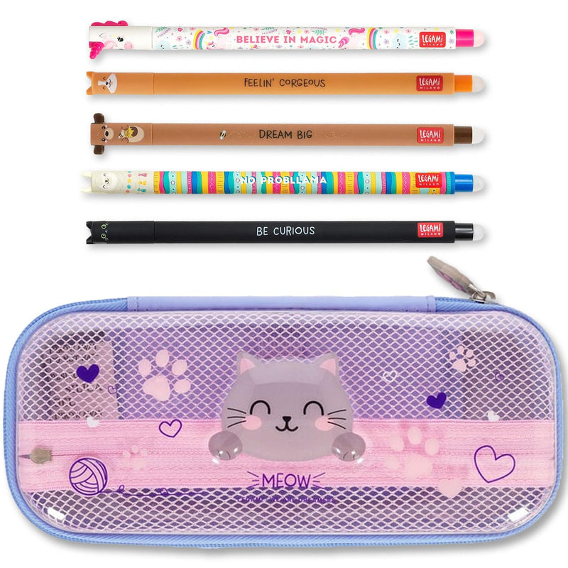 LEGAMI WonderWow Pencil Case & Erasable Pen | Set of 5 Cute Animal Pens with Thermosensitive Ink + 2-Compartment Pencil Case | Back to School Supplies for Girls, Boys, Kids# (Kitty