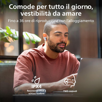 Philips TAT2100LB Auricolari True Wireless Bluetooth 6.0, 36 ore di riproduzione, 4 mic per chiamate chiare, Resistenza agli schizzi IPX4, Alloggiamento tascabile per la ricarica