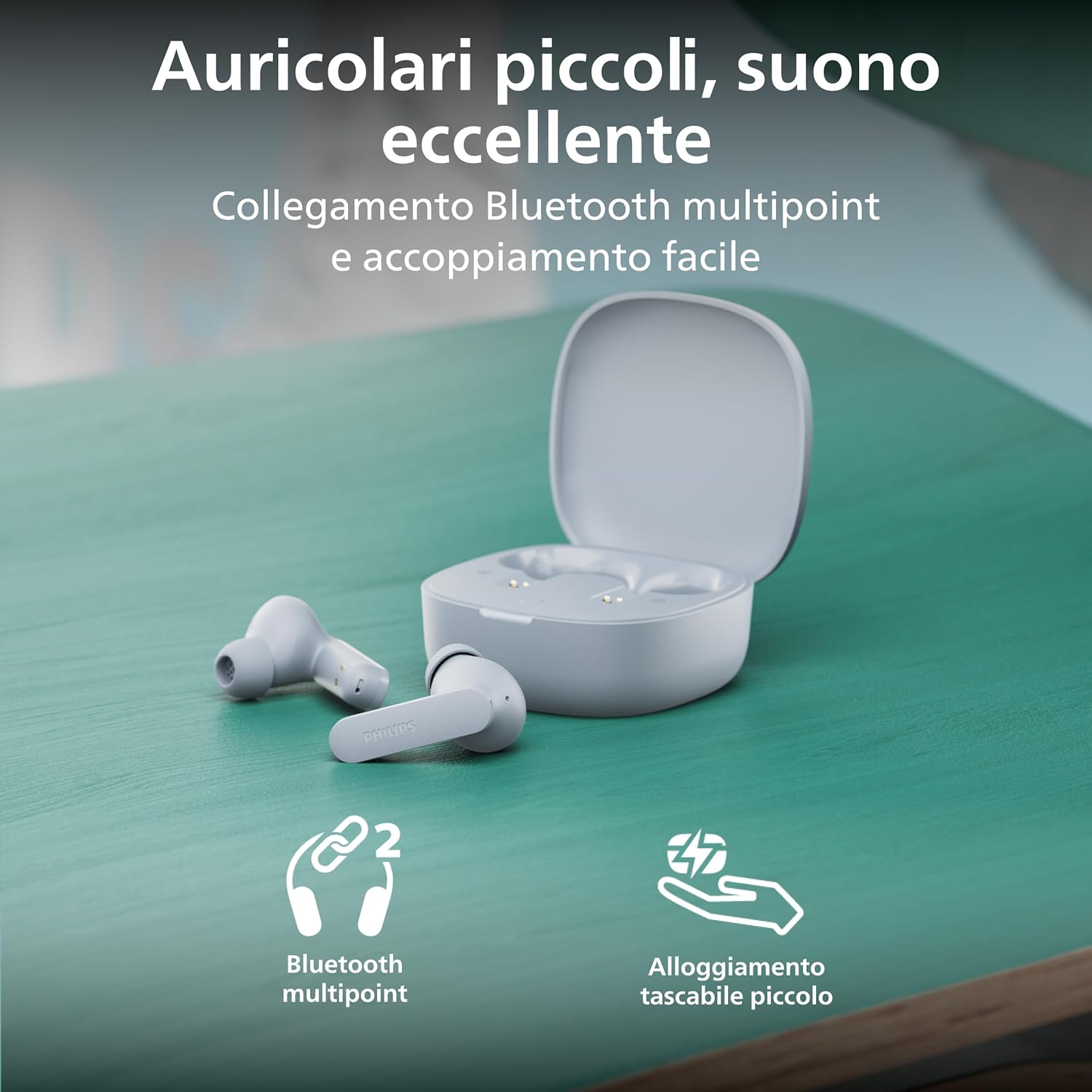 Philips TAT2100LB Auricolari True Wireless Bluetooth 6.0, 36 ore di riproduzione, 4 mic per chiamate chiare, Resistenza agli schizzi IPX4, Alloggiamento tascabile per la ricarica