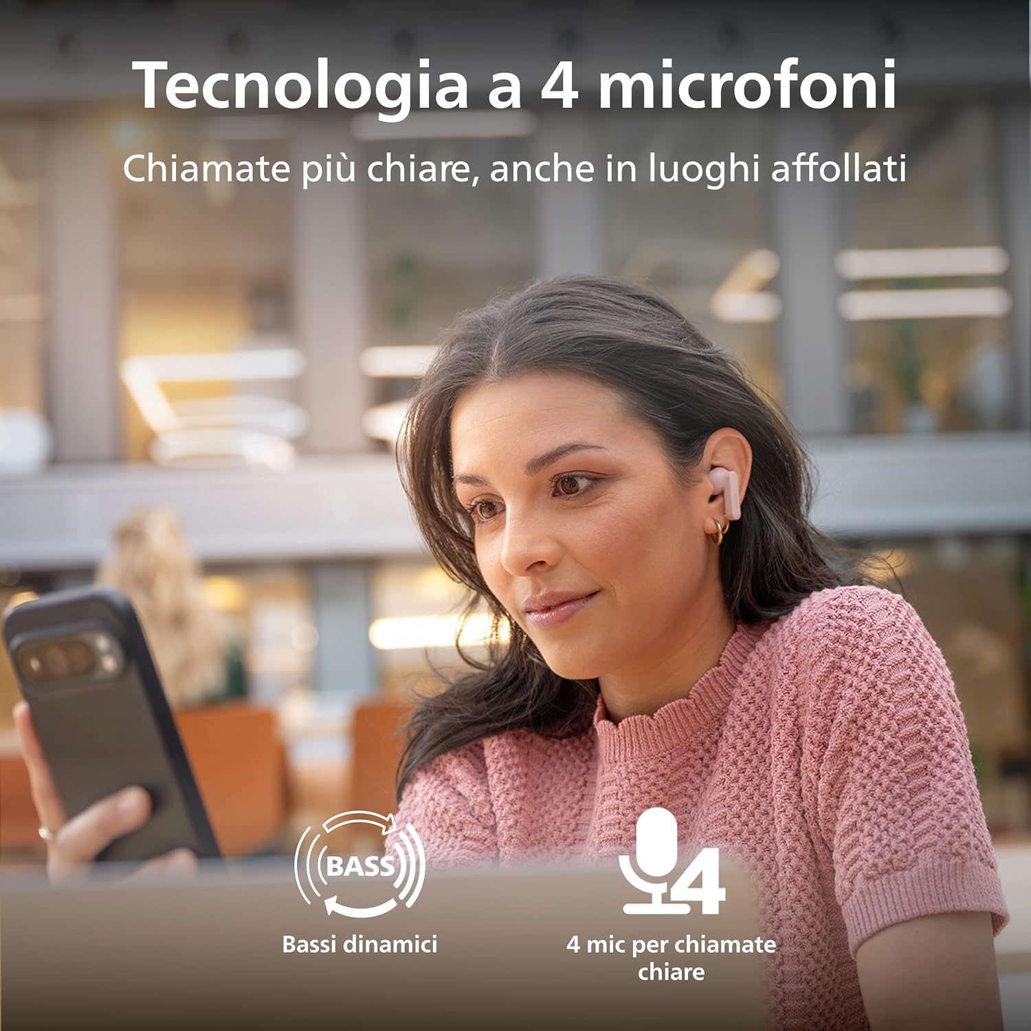 Philips TAT2100PK Auricolari True Wireless Bluetooth 6.0, 36 ore di riproduzione, 4 mic per chiamate chiare, Resistenza agli schizzi IPX4, Alloggiamento tascabile per la ricarica