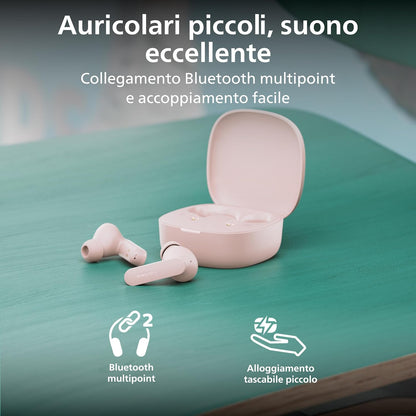 Philips TAT2100PK Auricolari True Wireless Bluetooth 6.0, 36 ore di riproduzione, 4 mic per chiamate chiare, Resistenza agli schizzi IPX4, Alloggiamento tascabile per la ricarica