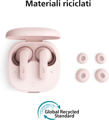 Philips TAT2100PK Auricolari True Wireless Bluetooth 6.0, 36 ore di riproduzione, 4 mic per chiamate chiare, Resistenza agli schizzi IPX4, Alloggiamento tascabile per la ricarica