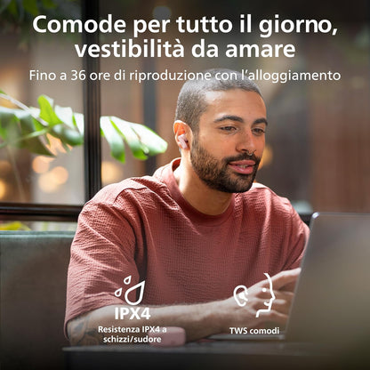 Philips TAT2100PK Auricolari True Wireless Bluetooth 6.0, 36 ore di riproduzione, 4 mic per chiamate chiare, Resistenza agli schizzi IPX4, Alloggiamento tascabile per la ricarica