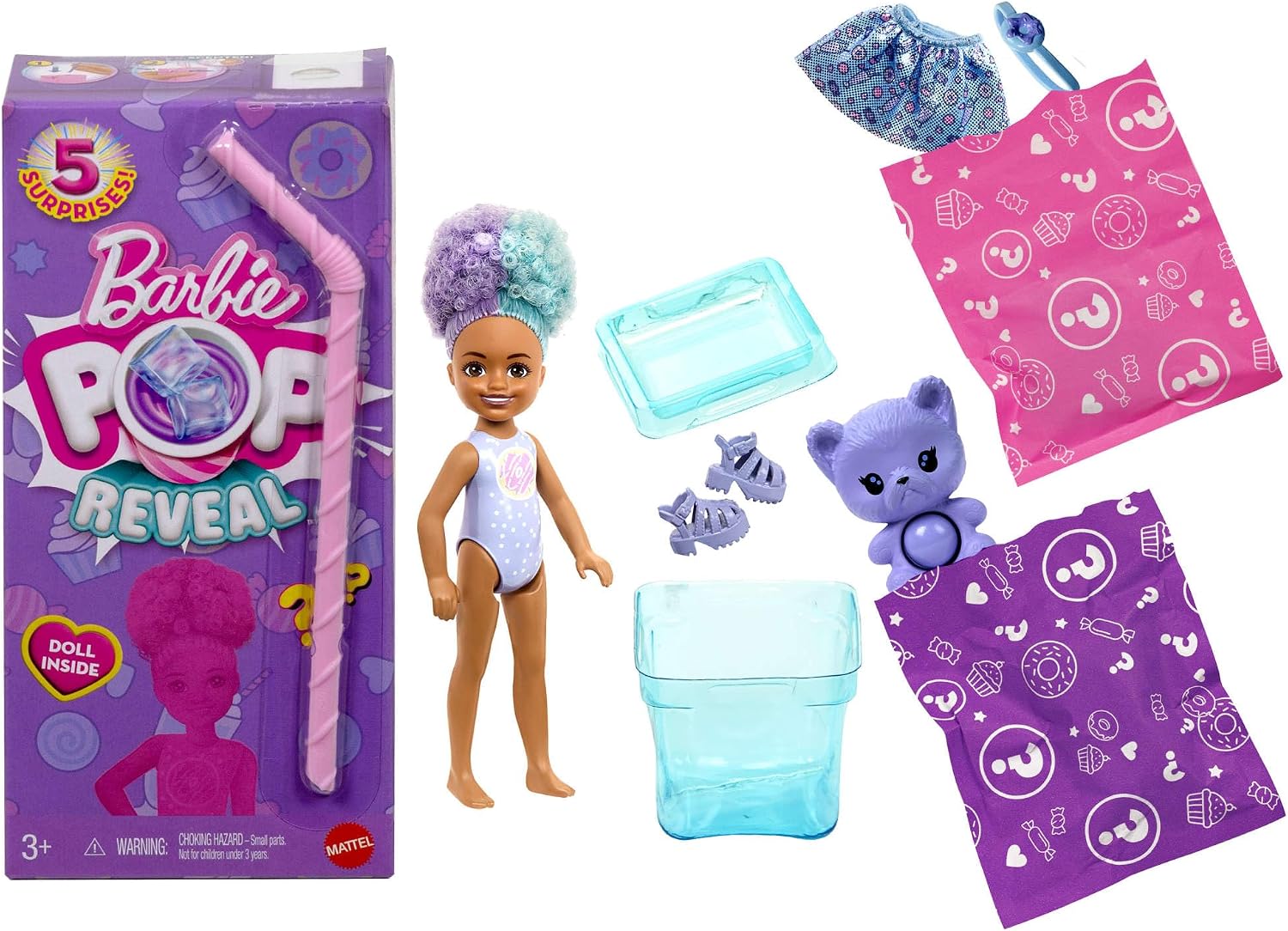 Barbie Chelsea Pop Reveal Doll Set, Treat Series with 5 Surprises Including Scented Small Doll, Pop-It Pet & Color Change (Styles May Vary), JFY01