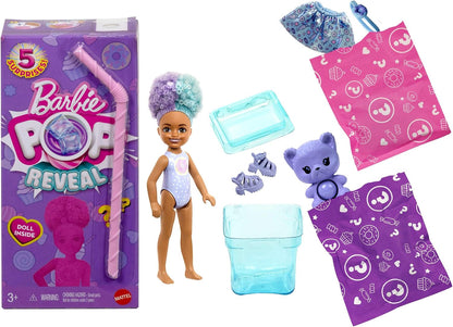 Barbie Chelsea Pop Reveal Doll Set, Treat Series with 5 Surprises Including Scented Small Doll, Pop-It Pet & Color Change (Styles May Vary), JFY01