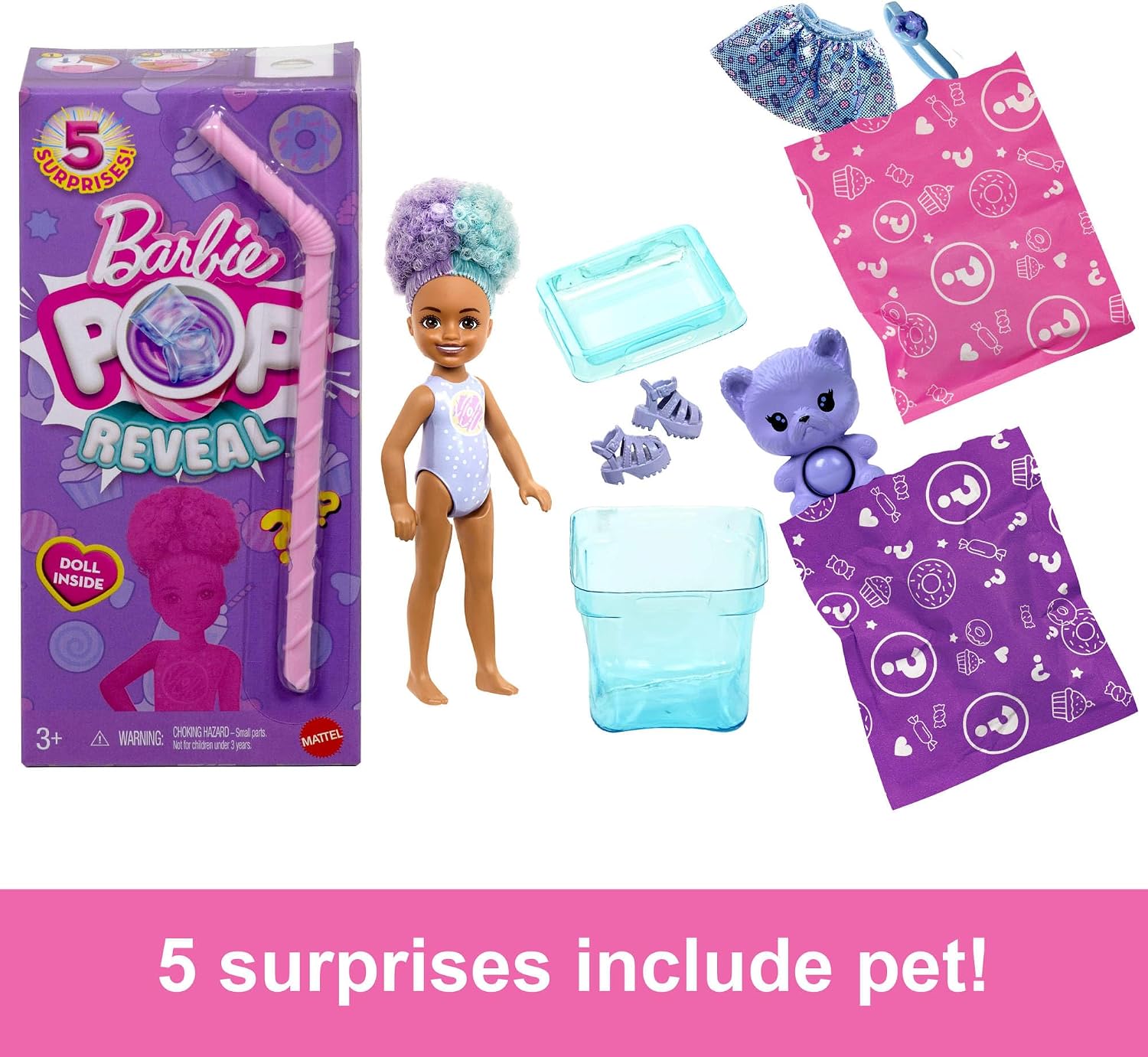 Barbie Chelsea Pop Reveal Doll Set, Treat Series with 5 Surprises Including Scented Small Doll, Pop-It Pet & Color Change (Styles May Vary), JFY01