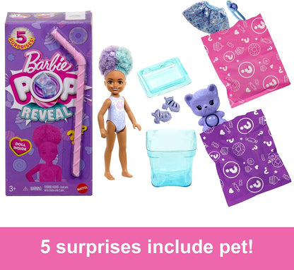 Barbie Chelsea Pop Reveal Doll Set, Treat Series with 5 Surprises Including Scented Small Doll, Pop-It Pet & Color Change (Styles May Vary), JFY01