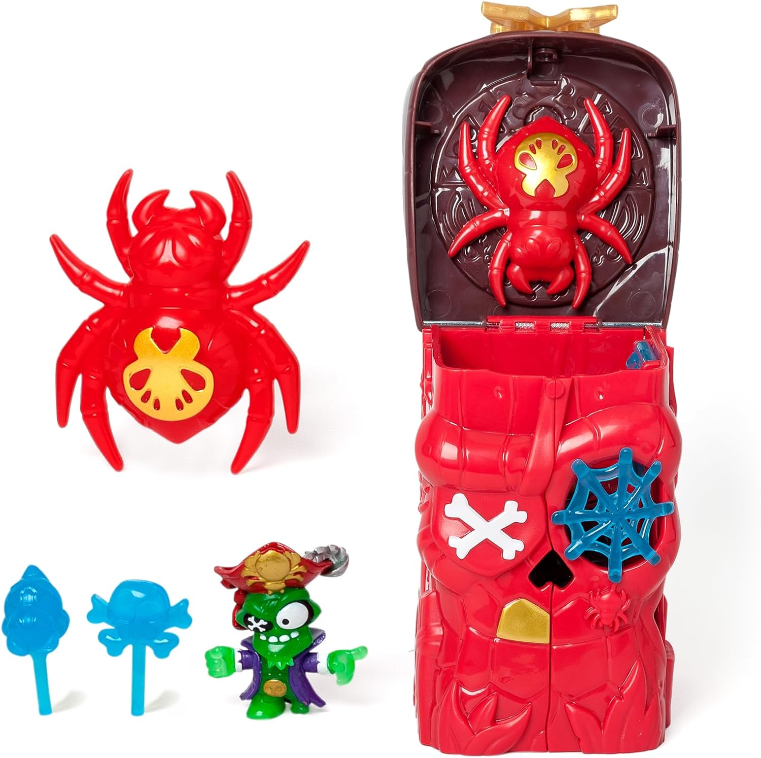 PIRATIX Secret Skull Cave - Secret Cave of Shark Island. Contains 1 Skull Cave, 1 exclusive Piratix, 2 ‘crystal’ accessories (1 weapon and 1 sceptre), 1 spider and 1 exclusive treasure.