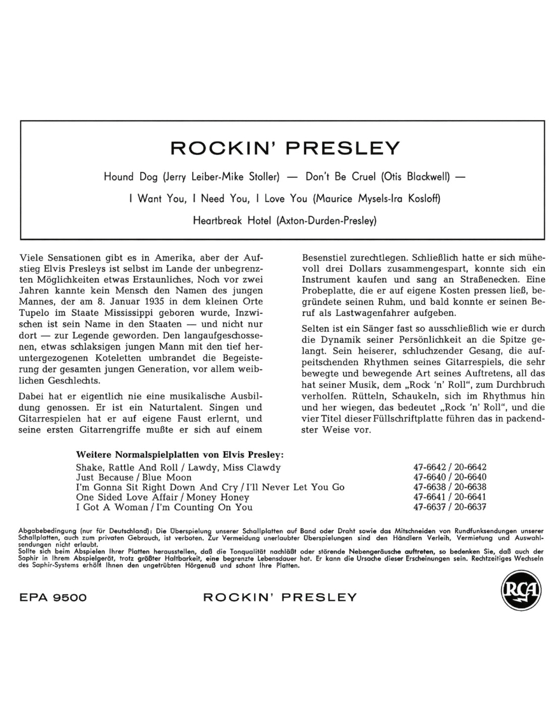 Ep Étranger N°21: Rockin' Presley - EPA 9500 (Germany)