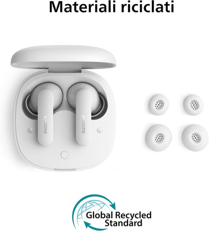 Philips TAT2100WT Auricolari True Wireless Bluetooth 6.0, 36 ore di riproduzione, 4 mic per chiamate chiare, Resistenza agli schizzi IPX4, Alloggiamento tascabile per la ricarica