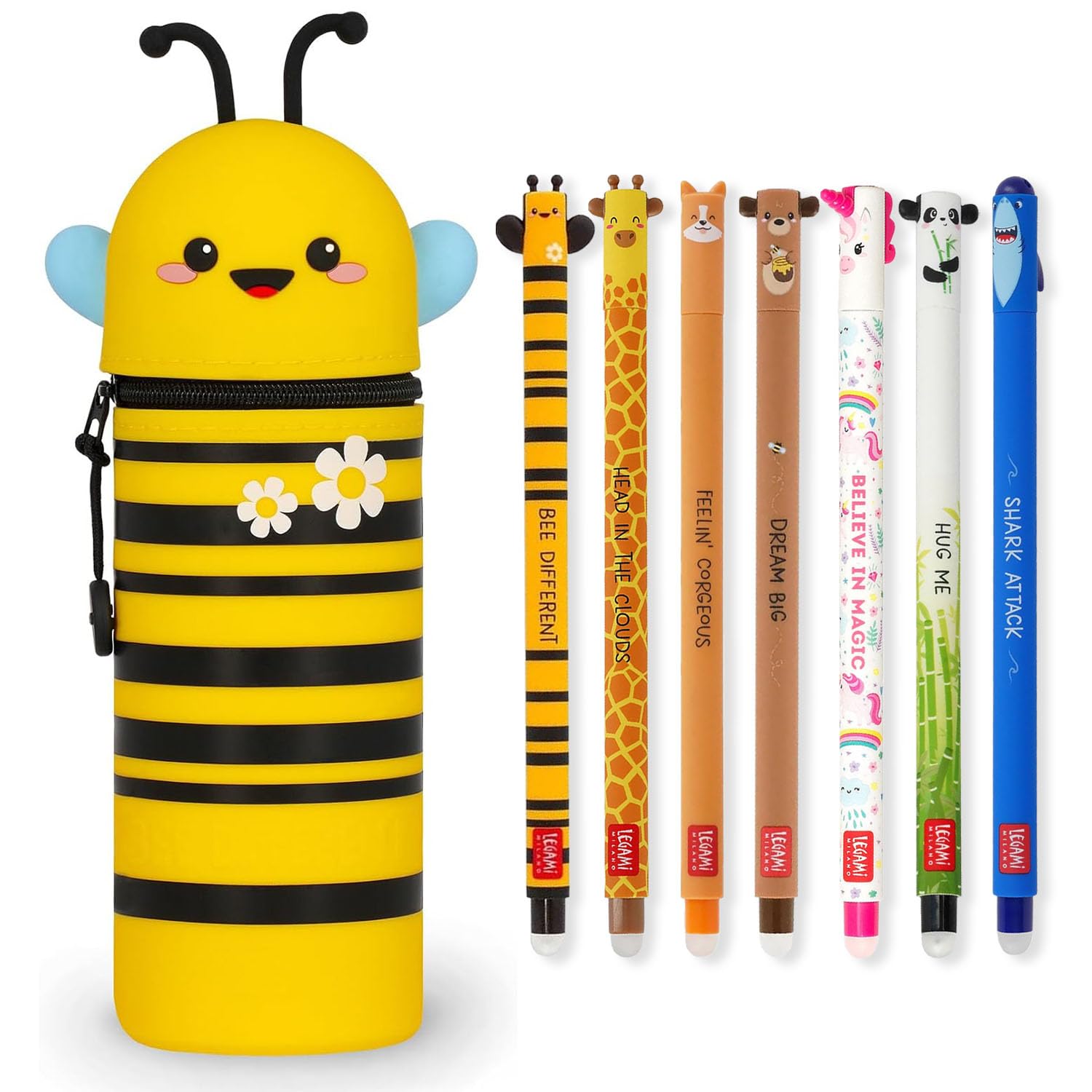 LEGAMI - Set of 7 Erasable Gel Pens + 2-in-1 Pencil Case Pen Pot - with Thermosensitive Erase Ink, Range of ink colours & barrel designs, 0.7mm Tip (Bee