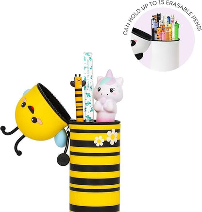 LEGAMI - Set of 7 Erasable Gel Pens + 2-in-1 Pencil Case Pen Pot - with Thermosensitive Erase Ink, Range of ink colours & barrel designs, 0.7mm Tip (Bee