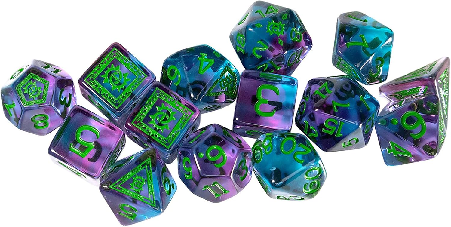 Dungeons & Dragons: D&D Adventure Dice - Warlock: Purple & Green - 14pc RPG Set, Class Symbols, Collectible Roleplaying Game Accessory, Sirius Dice