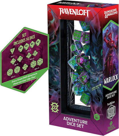 Dungeons & Dragons: D&D Adventure Dice - Warlock: Purple & Green - 14pc RPG Set, Class Symbols, Collectible Roleplaying Game Accessory, Sirius Dice