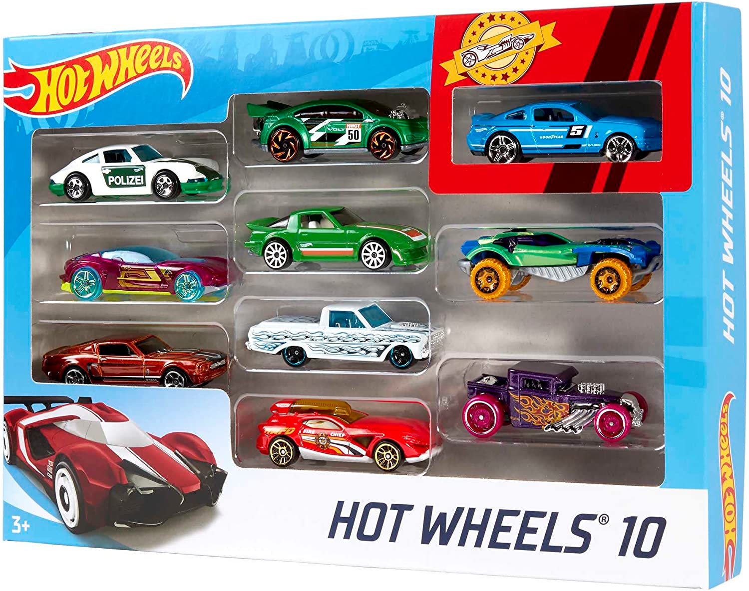 Hot Wheels Set of 10 1:64 Scale Toy Trucks and Cars for Kids and Collectors, Styles May Vary, 54886 Assortment