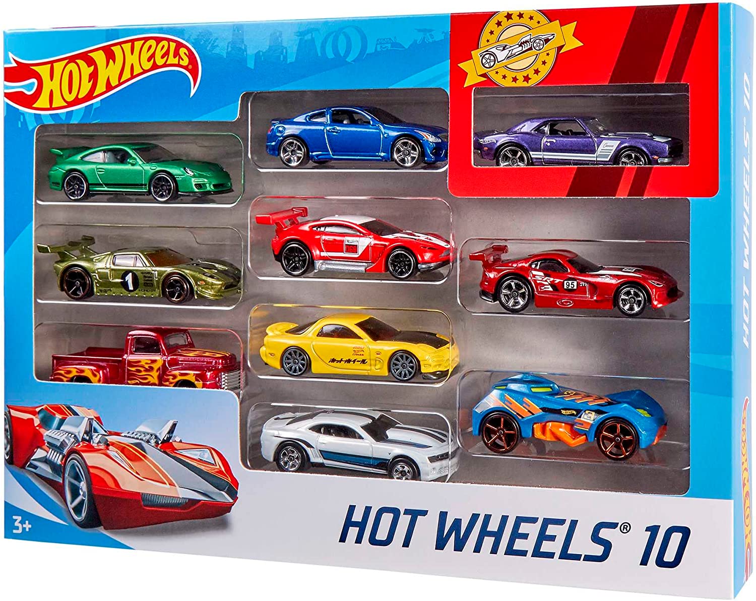 Hot Wheels Set of 10 1:64 Scale Toy Trucks and Cars for Kids and Collectors, Styles May Vary, 54886 Assortment
