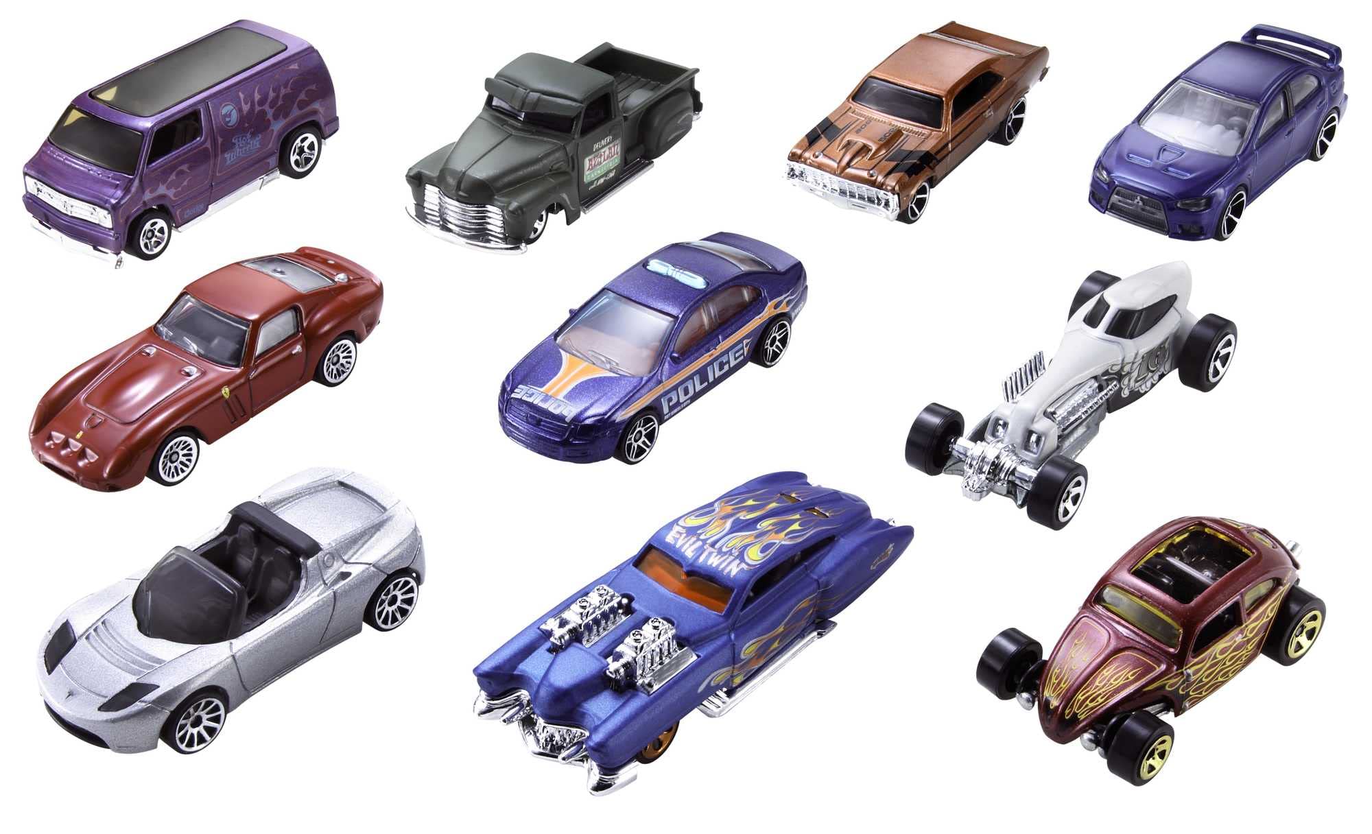 Hot Wheels Set of 10 1:64 Scale Toy Trucks and Cars for Kids and Collectors, Styles May Vary, 54886 Assortment