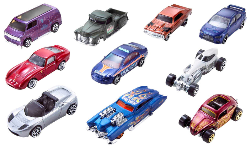 Hot Wheels Set of 10 1:64 Scale Toy Trucks and Cars for Kids and Collectors, Styles May Vary, 54886 Assortment