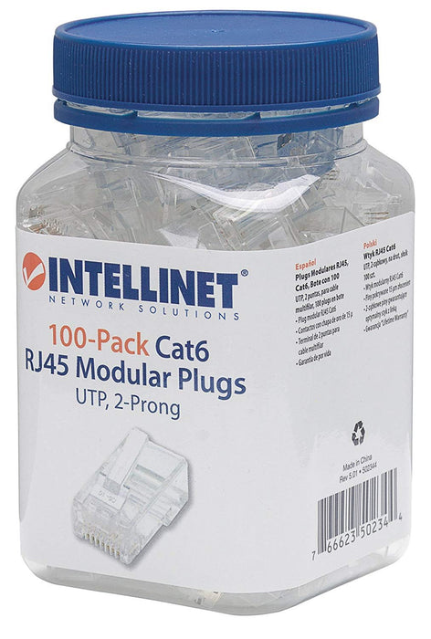 Intellinet RJ45 Modular Plugs, Cat6, UTP, 2-Prong, For Stranded Wire, 15 µ Gold Plated Contacts, 100 Pack