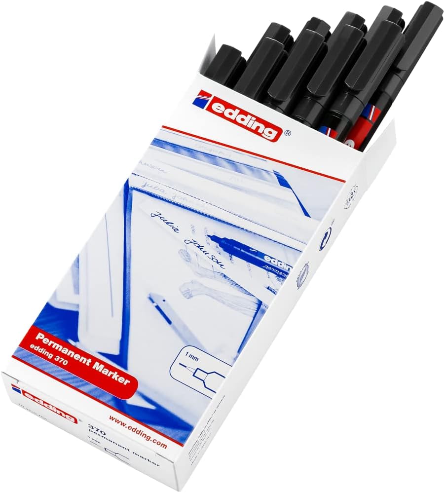 edding 370 - black - box of 10 - fine bullet nib 1 mm - waterproof, quick-drying - multi-purpose marker, universal pen - for cardboard, plastic, wood, metal, glass, pebbles, canvas