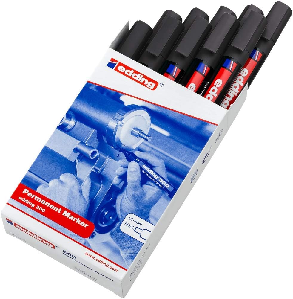 edding 300 permanent marker - black - 10 pens - round tip 1.5-3 mm - waterproof, quick-drying, smear-proof pens - for cardboard, plastic, glass, wood, metal and fabric