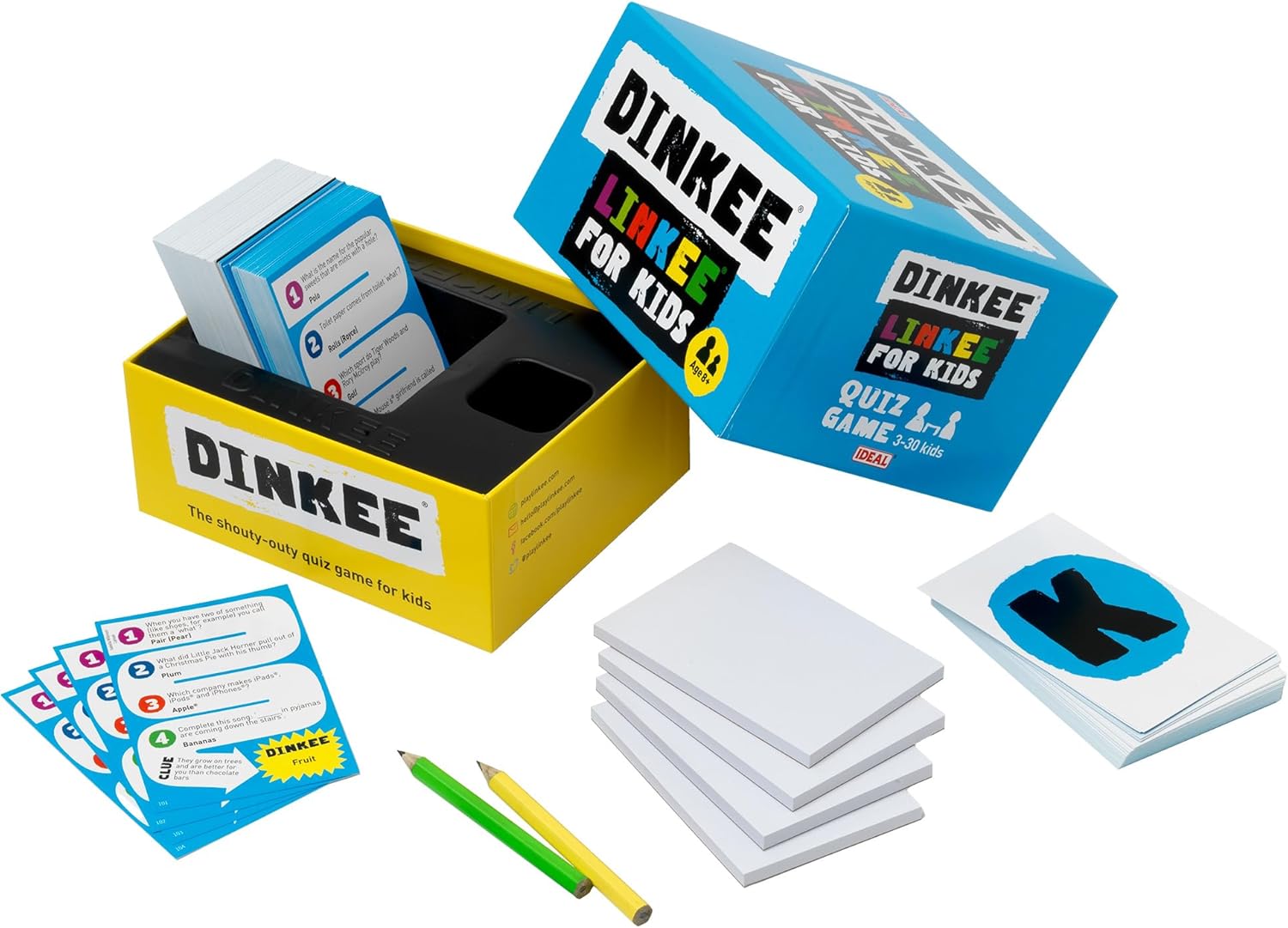 IDEAL , DINKEE LINKEE trivia game for kids: Four little questions, with one big link! , Kids Games , For 3-30 Players , Ages 8+