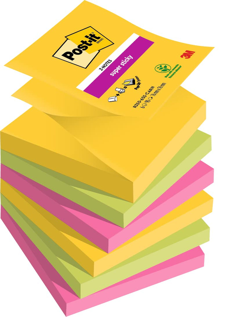 Post-it Super Sticky Z-Notes, Carnival Colour Collection, 76 mm x 76 mm, 90 Sheets/Pad, 6 Pads/Pack