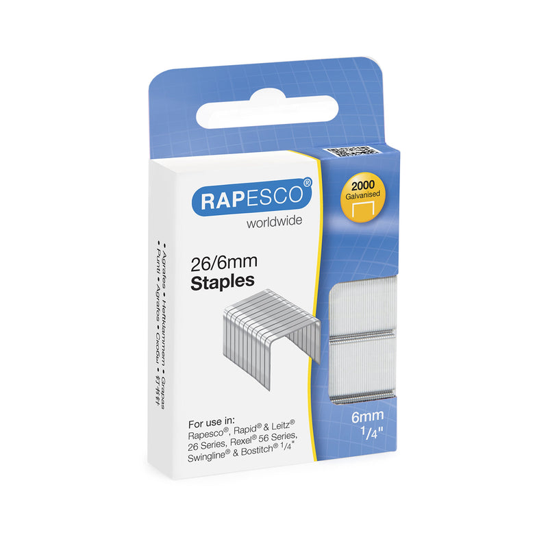 Rapesco S2662MA3 26/6 mm Galvanised Staples, Box of 2000