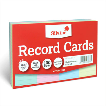 Silvine 8x5" Multi-coloured Record Cards - Lined with headline, 100 cards per pack. Ref 585AC (203 x 127mm
